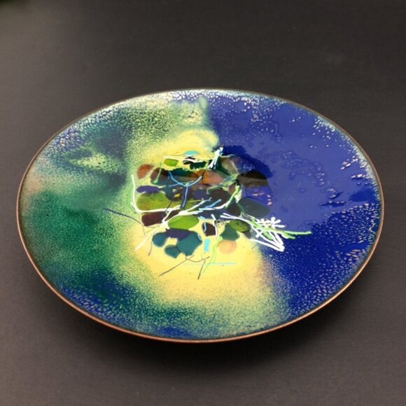 Handmade Enamel on Copper Decorative Plate Abstract with Glass Details Vintage - Picture 4 of 14